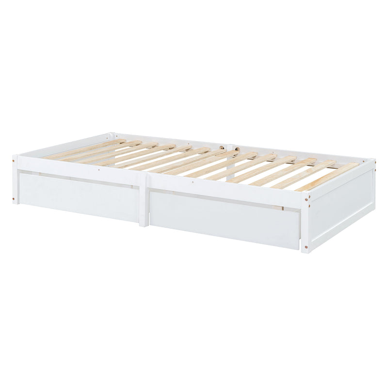 DreamHaus storage daybed with fence guardrails and two drawers, featuring split design for independent floor bed and daybed.