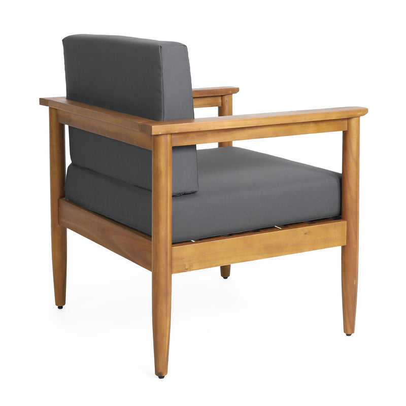 Dark gray outdoor club patio chair with a teak acacia wood frame, featuring armrests and a comfortable seat for outdoor lounging.
