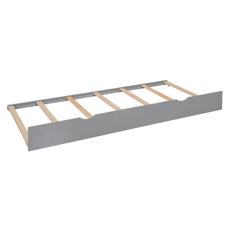 DreamHaus cabinet bed with integrated shelf, sockets, and twin long trundle, showcasing sleek design and functional storage.