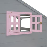 DreamHaus bunk bed with playhouse roof, window, and safety guardrails, designed for kids' bedroom with fun and functional features.