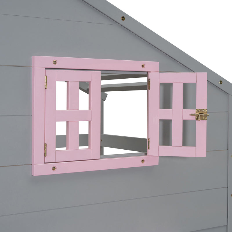 DreamHaus bunk bed with playhouse roof, window, and safety guardrails, designed for kids' bedroom with fun and functional features.