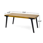 Noble House acacia wood outdoor dining table, 69-inch rectangular teak and black patio table for outdoor dining space.