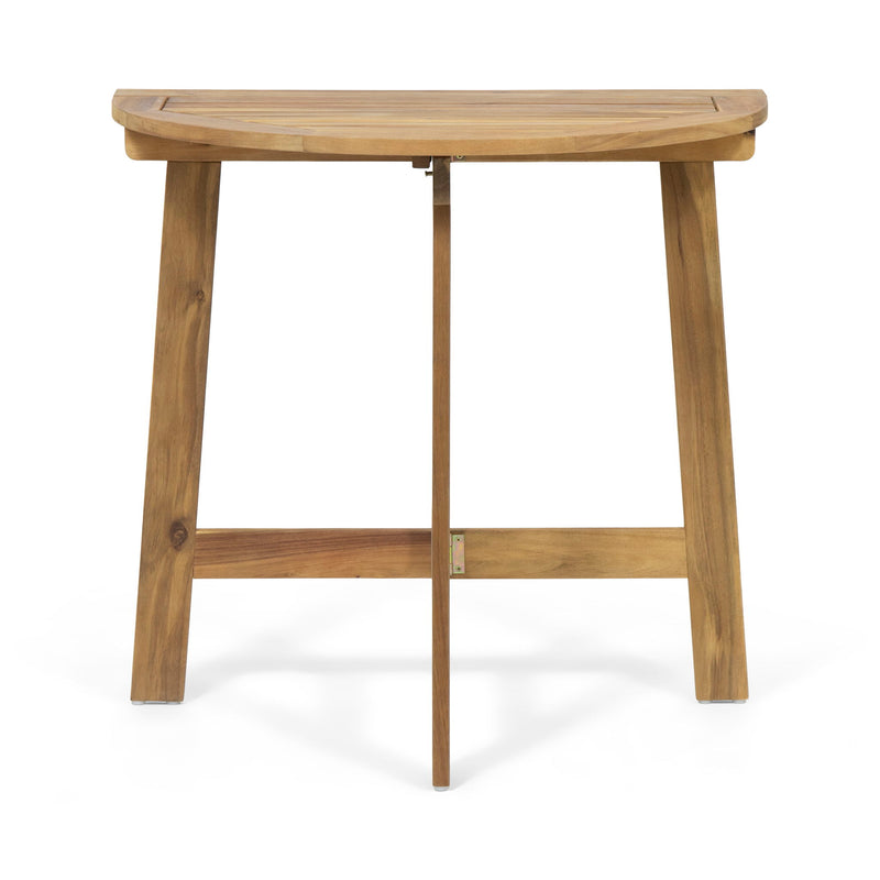 Outdoor Noble House half-round folding bistro table made of acacia wood, ideal for patios and outdoor dining spaces.
