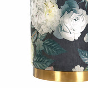 Dark gray floral velvet Ottoman with gold base from TOV Furniture, upholstered ottoman featuring elegant floral pattern.