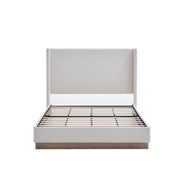 House & Home Furniture Hosford minimalist upholstered wingback bed with wood platform base, featuring plush fabric and sleek design.