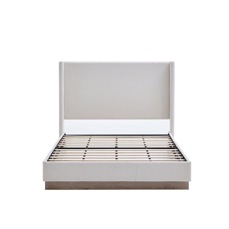 House & Home Furniture Hosford minimalist upholstered wingback bed with wood platform base, featuring plush fabric and sleek design.