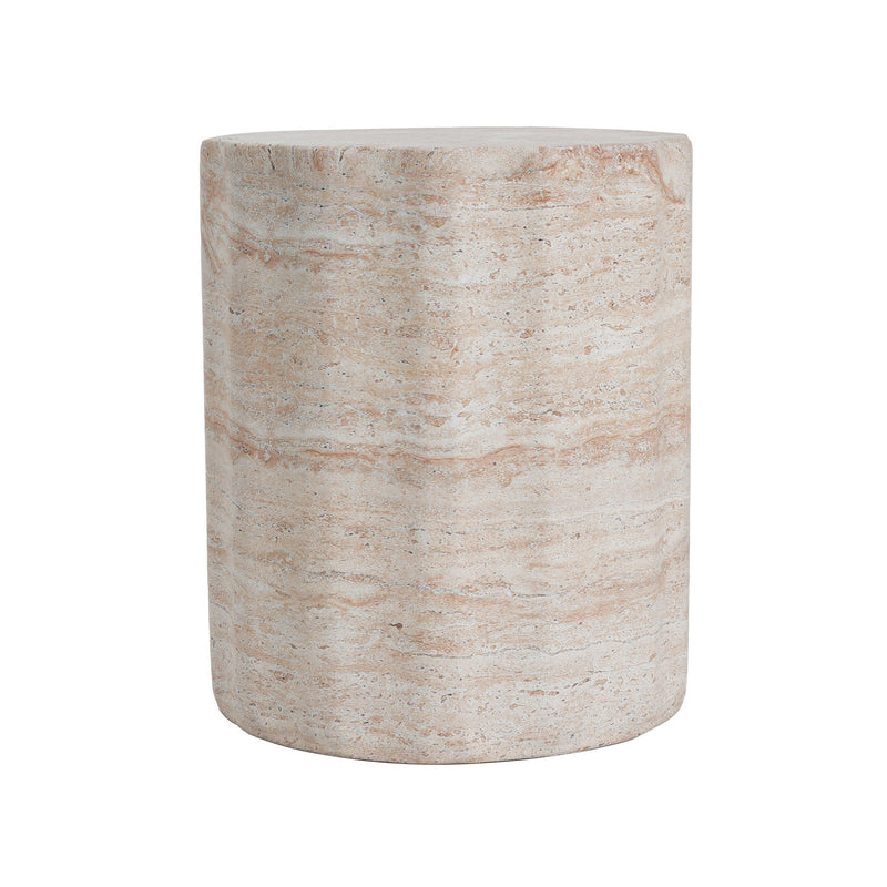 Beige lightweight concrete side table with travertine top by Noble House, suitable for indoor or outdoor use.