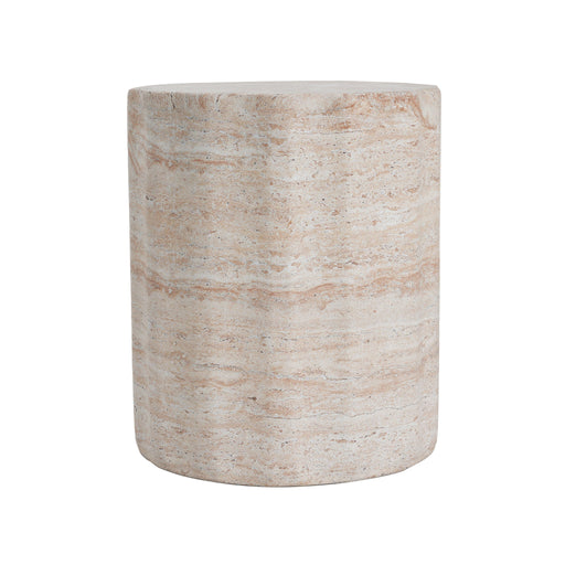 Beige lightweight concrete side table with travertine top by Noble House, suitable for indoor or outdoor use.