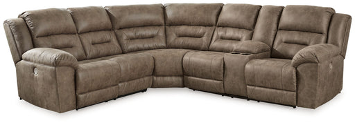 Ravenel 3-piece power reclining sectional by Signature Design Ashley with faux leather, featuring a reclining loveseat with console in fossil color.
