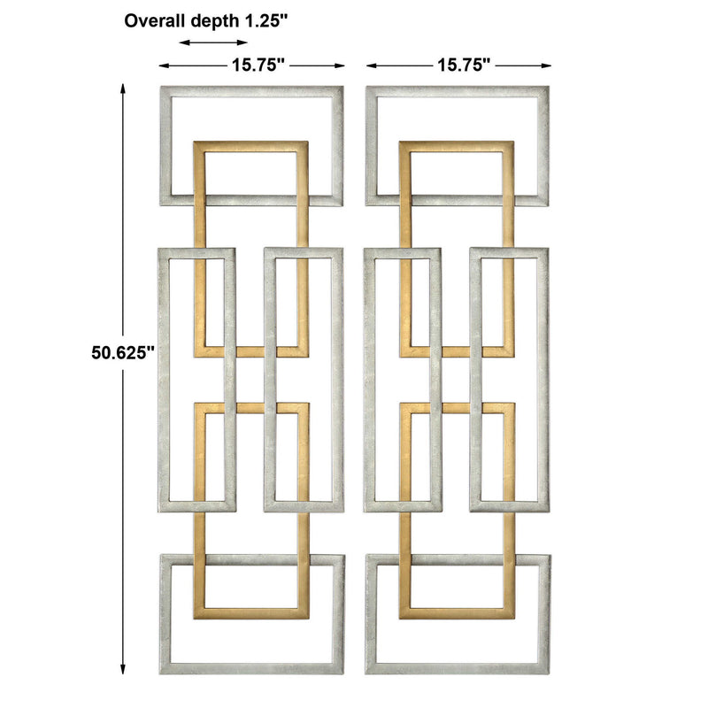 Set of two gold geometric wall art pieces by Uttermost, modern wall decor with angular metal designs for stylish interior accents.