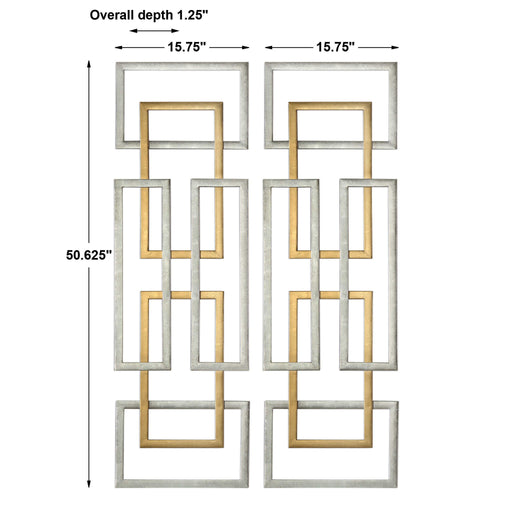 Set of two gold geometric wall art pieces by Uttermost, modern wall decor with angular metal designs for stylish interior accents.