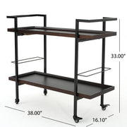 Modern industrial bar cart with shelving and casters by Noble House, featuring a sleek metal frame and wooden shelves for stylish storage.