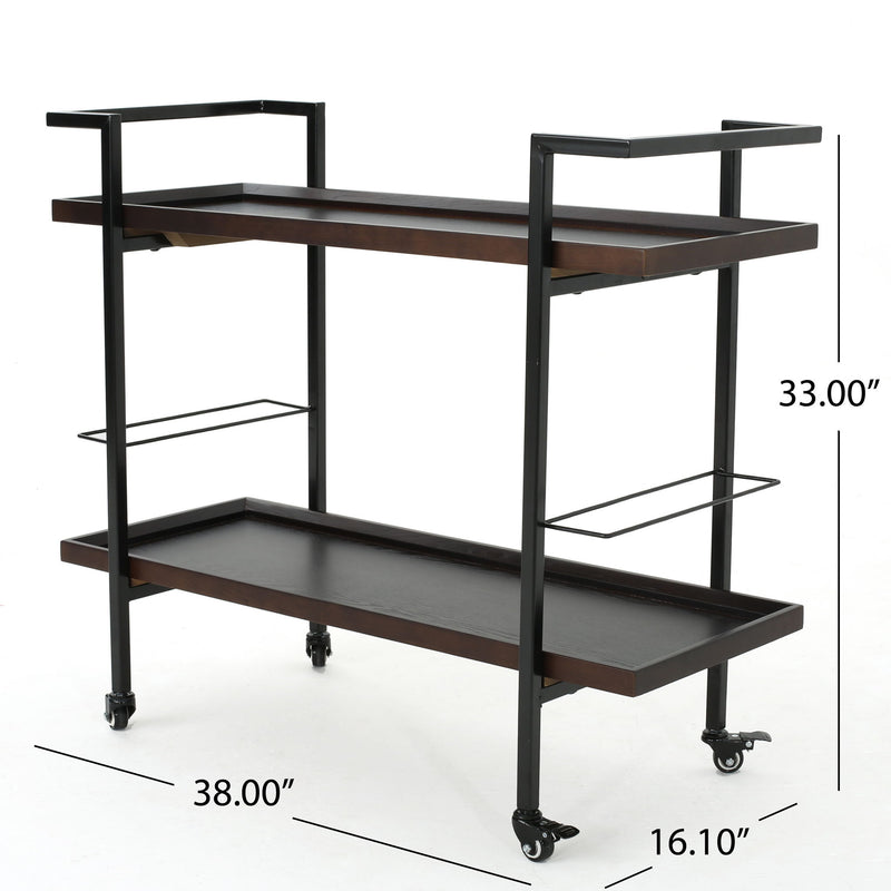 Modern industrial bar cart with shelving and casters by Noble House, featuring a sleek metal frame and wooden shelves for stylish storage.