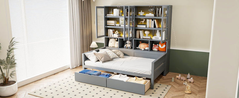 Daybed With Glass Door Storage Cabinets, Built In LED Lighting And Shelves - R&R Furniture Gallery (Fountain Valley, CA)
