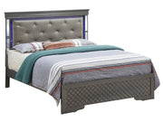 Upholstered bed with LED light accents headboard by Glory Furniture, showcasing a modern bedroom setup with soft fabric and ambient lighting.