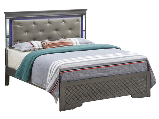 Upholstered bed with LED light accents headboard by Glory Furniture, showcasing a modern bedroom setup with soft fabric and ambient lighting.