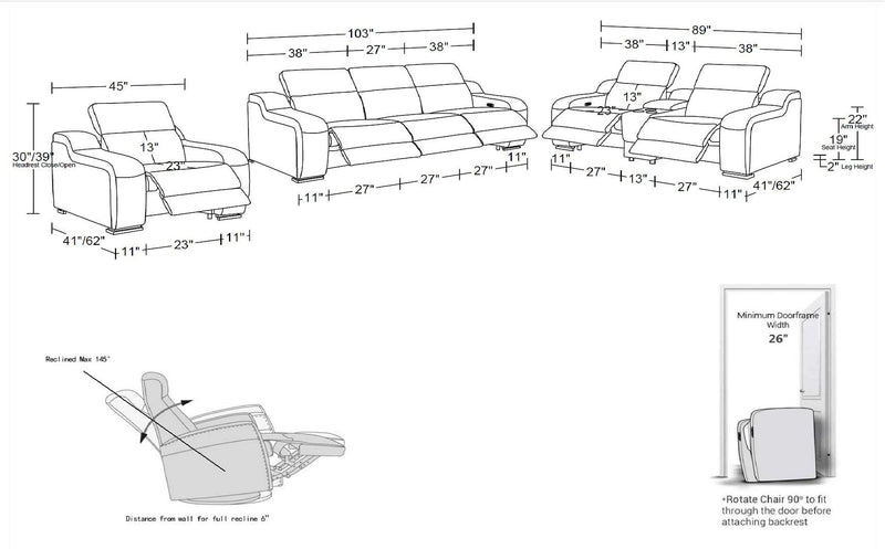 1116 - 7-Piece Modular Power Reclining Sofa, Loveseat & Chair Set In With 6 Power Recliners & Power Headrests