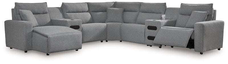 Signature Design by Ashley Modmax II reclining sectional in salt and pepper fabric, featuring multiple reclining seats and plush cushions.