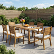 Outdoor 7-piece dining set with cushions by Noble House, featuring sandblasted natural wood and beige fabric seats.
