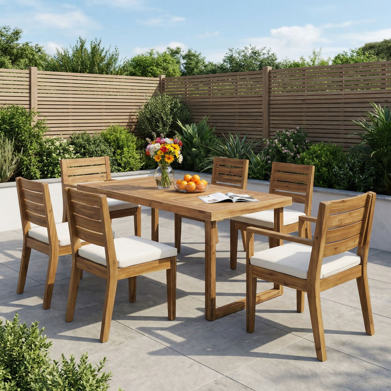Outdoor 7-piece dining set with cushions by Noble House, featuring sandblasted natural wood and beige fabric seats.