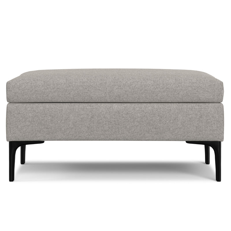 Simpli-Home Rebecca multifunctional coffee table storage ottoman with lift-up lid and fabric upholstery.