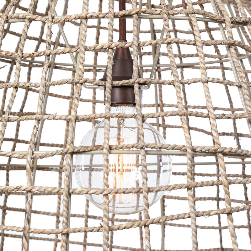 Beige Cross-Weave 1 Light Pendant by Uttermost, modern pendant lighting with woven design, hanging from a ceiling mount.