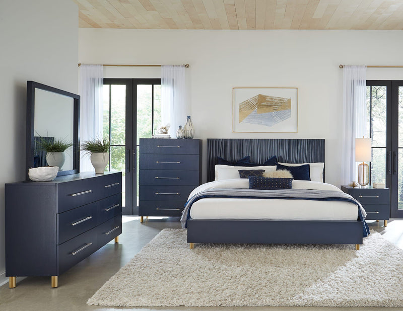 Argento Five Drawer Chest in Navy Blue and Burnished Brass (2024)
