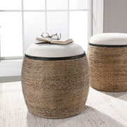 Uttermost Island straw accent stool with white and light brown woven design, versatile for living room or bedroom decor.