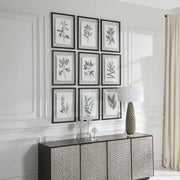 Set of nine farmhouse floral framed prints by Uttermost, black frames with botanical artwork on white backgrounds.