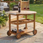 Teak outdoor bar cart with foldable tabletop and removable trays, featuring storage tables design by Noble House.