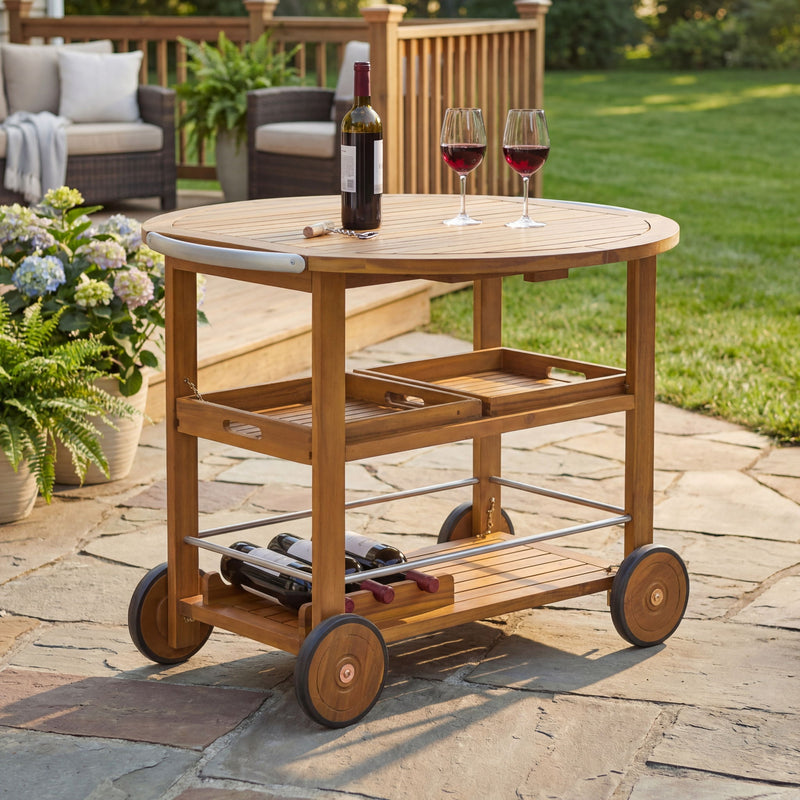 Teak outdoor bar cart with foldable tabletop and removable trays, featuring storage tables design by Noble House.