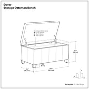 Simpli-Home Dover storage ottoman in smoky brown leather with lift-up lid for concealed storage and versatile seating.