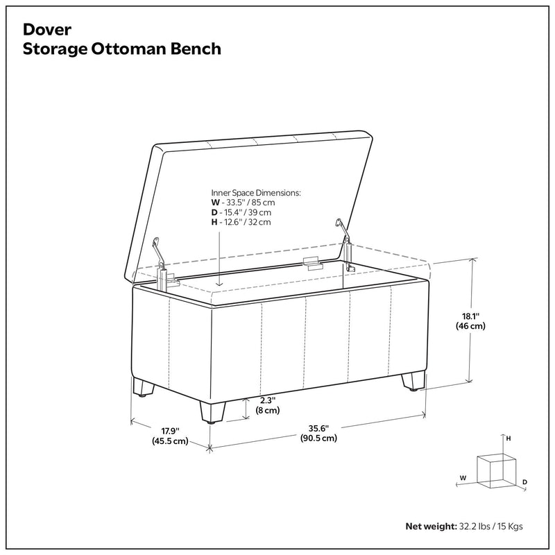 Simpli-Home Dover storage ottoman in smoky brown leather with lift-up lid for concealed storage and versatile seating.