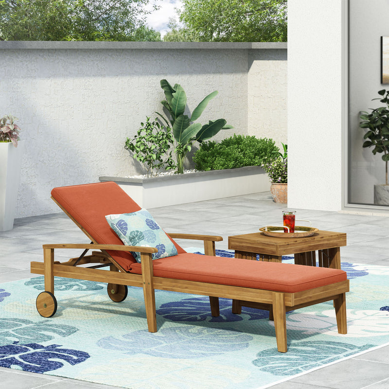 Noble House Jason chaise lounge with adjustable backrest, acacia wood outdoor furniture, featuring a sleek, modern design.