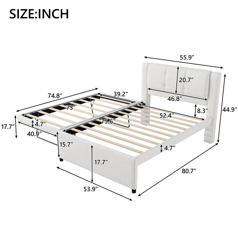 Upholstery Platform Bed With Trundle, Trundle Can Be Flat Or Erected - R&R Furniture Gallery (Fountain Valley, CA)