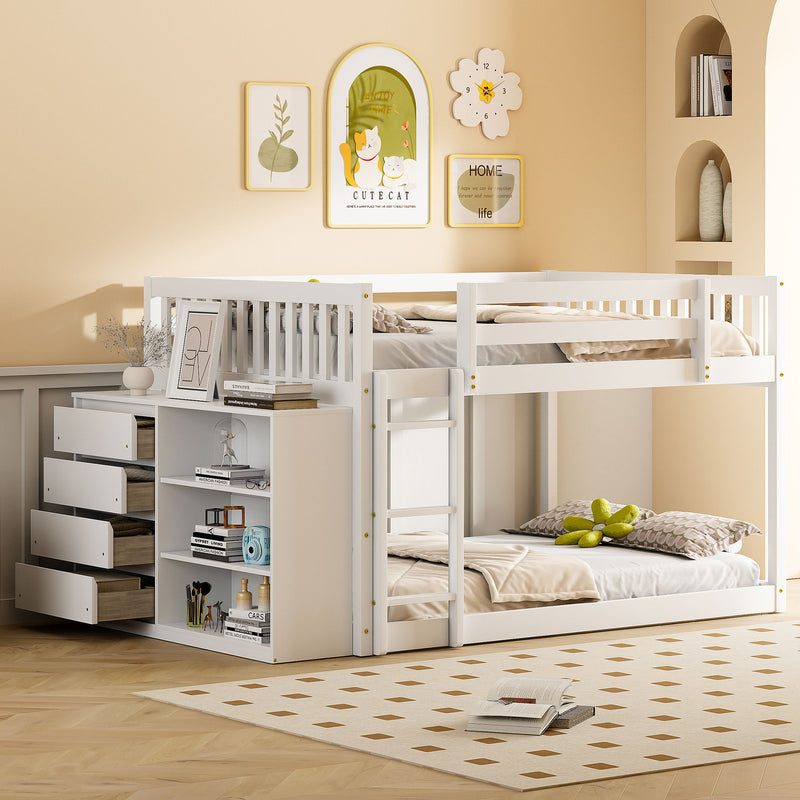 DreamHaus bunk bed with four drawers and three shelves, featuring a sturdy wooden frame and space-saving design.