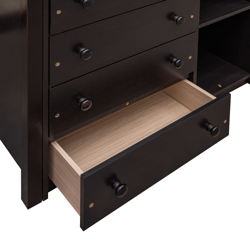 DreamHaus bunk bed with six drawers, flexible shelves, and a bottom bed on wheels, ideal for space-saving bedroom storage.