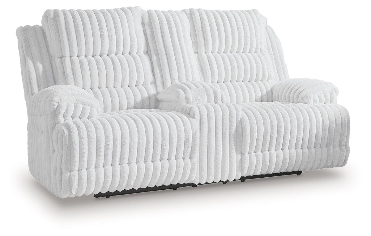 Rhines Falls - Double Reclining Power Loveseat With Console - Alloy - R&R Furniture Gallery (Fountain Valley, CA)