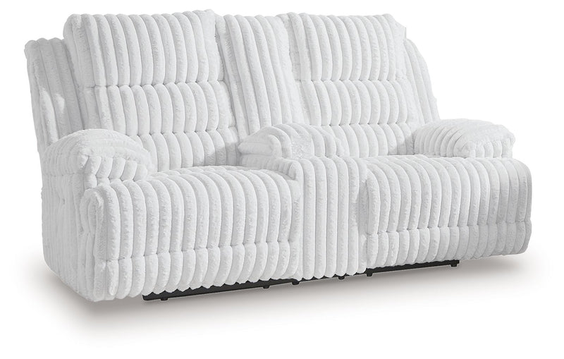 Rhines Falls - Double Reclining Power Loveseat With Console - Alloy - R&R Furniture Gallery (Fountain Valley, CA)