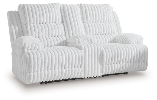 Rhines Falls - Double Reclining Power Loveseat With Console - Alloy - R&R Furniture Gallery (Fountain Valley, CA)