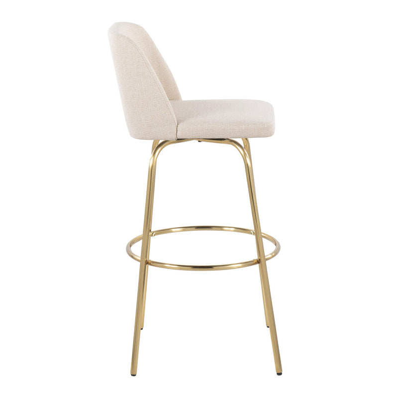 Lumi Source Toriano contemporary fixed-height barstools set with swivel seats and round footrests, shown in a modern kitchen setting.