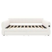 Dreamland upholstered platform bed with built-in USB charging ports and two storage drawers, shown in a modern bedroom setting.