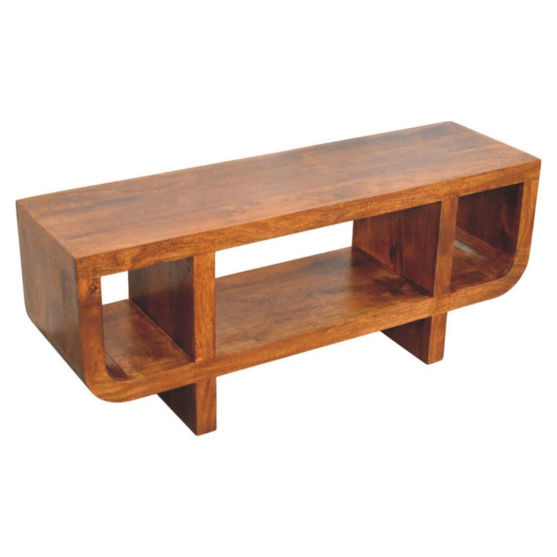 Artisan Furniture Orion curved media unit in brown with open shelves and storage compartments, ideal for TV and media setups.