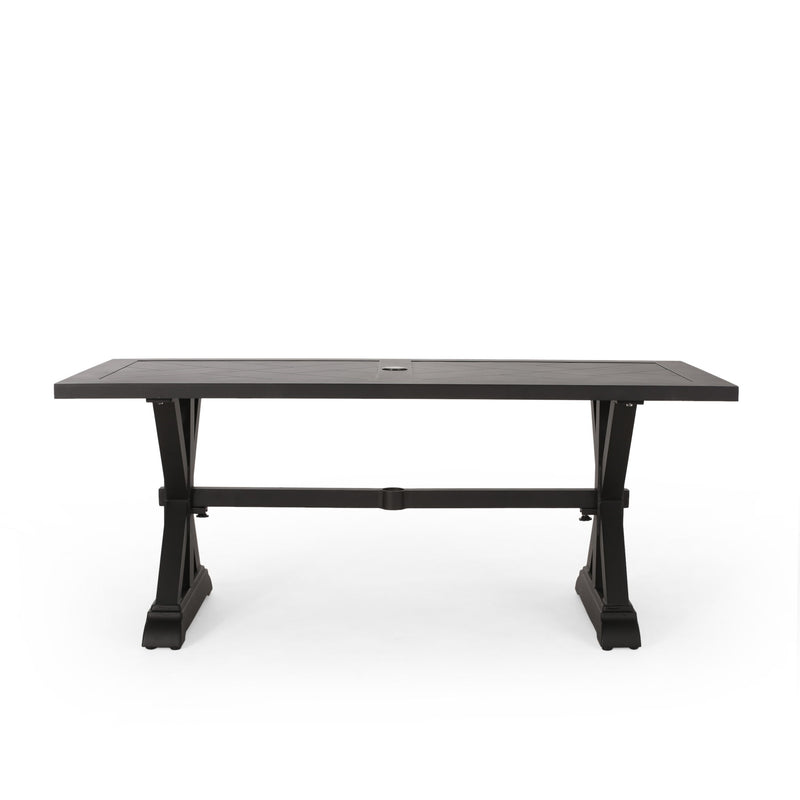 Modern outdoor dining table with X-shaped legs and umbrella hole, by Noble House, featuring a sleek, durable design for patio use.