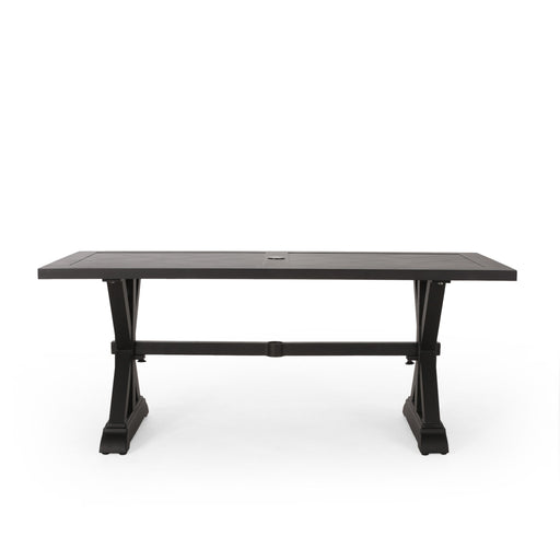 Modern outdoor dining table with X-shaped legs and umbrella hole, by Noble House, featuring a sleek, durable design for patio use.