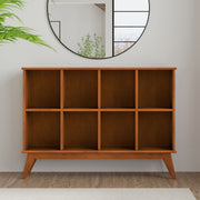 Simpli-Home Draper handcrafted low cube bookcase with multiple compartments for organizing books and decor.