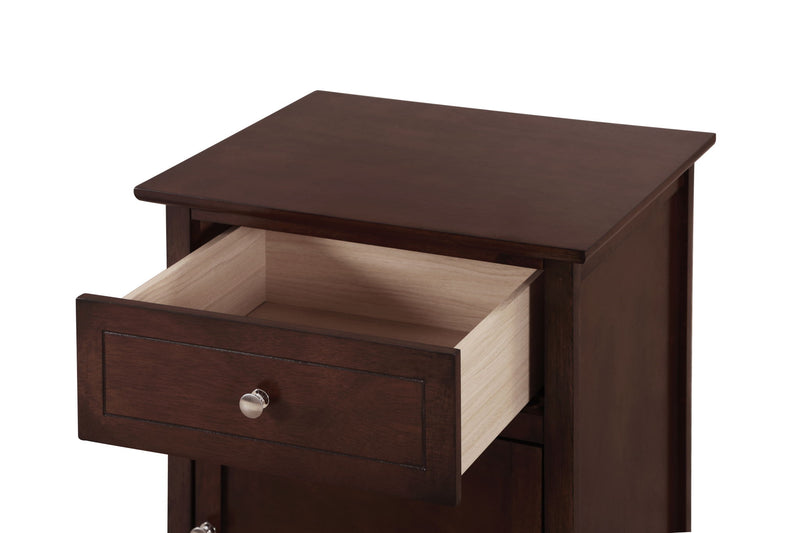 Glory Furniture Izzy nightstand in cappuccino finish, accent table with a sleek design and storage drawer for bedroom decor.