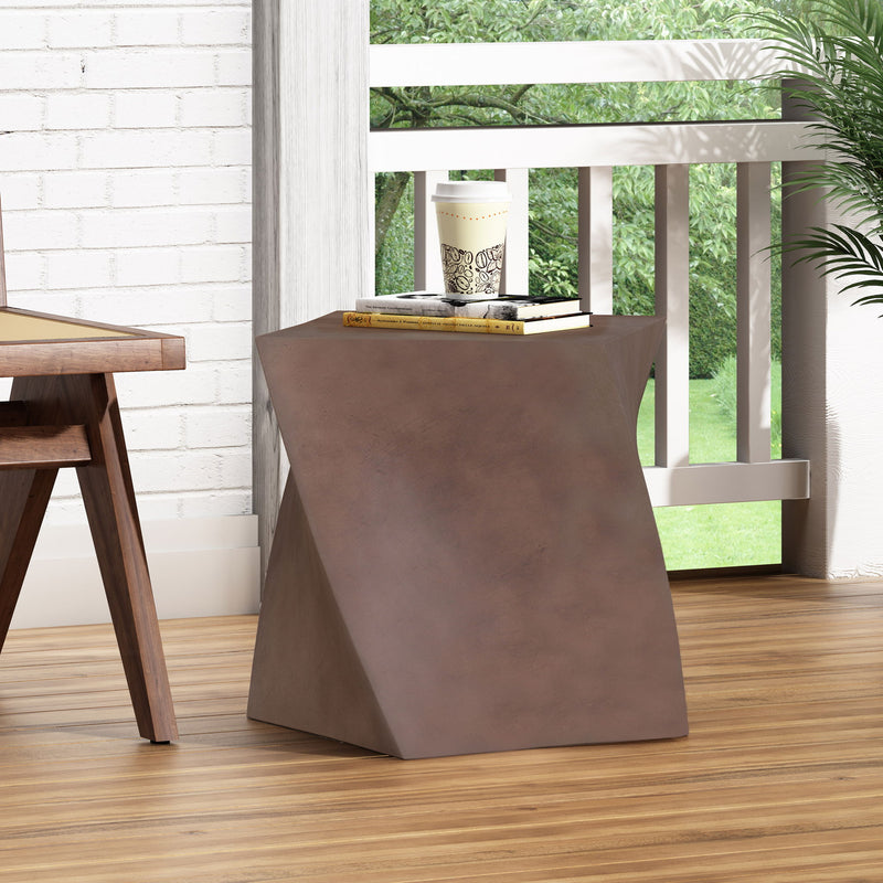 Outdoor lightweight concrete side table in brown by Noble House, showing a sturdy, minimalist design for patio or garden use.