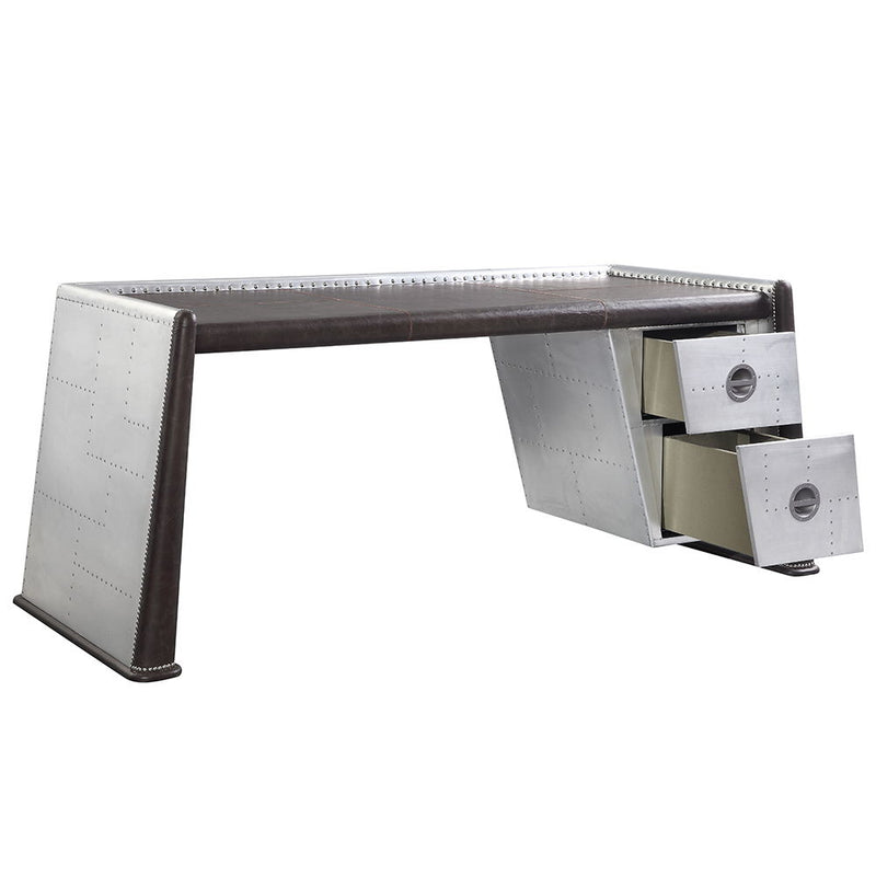 Brancaster - Executive Writing Desk - Distress Chocolate Top Grain Leather & Aluminum - R&R Furniture Gallery (Fountain Valley, CA)