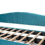 DreamHaus upholstered daybed sofa bed with trundle and wood slat base, showing plush fabric and sturdy wooden frame.